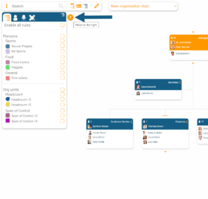 The interactive legend can be displayed on the left or right side of the online org chart in orginio