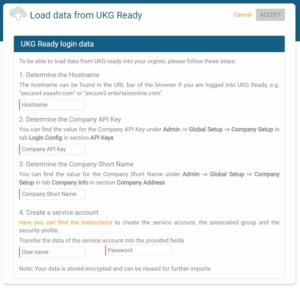 enter UKG Ready login data to connect to orginio